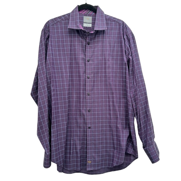 THOMAS DEAN PURPLE WITH BLUE SQUARE GRID LINES CHECKS FLIP CUFF SHIRT - Picture 4 of 7